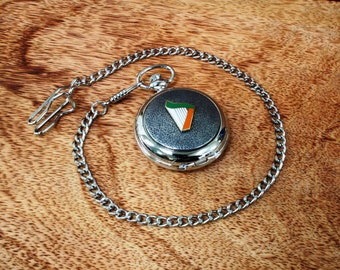 Irish Icons Pocket Watch and Chain Pewter Fronted Quartz Personalised Free Engraving Shamrock Harp Celtic Jockey Birthday Gift pw