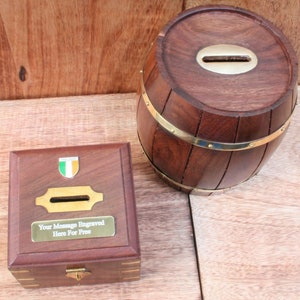 Irish Icons Wooden Money Box Chest With Personalised Free Engraving Shamrock Harp Celtic Jockey Father&#39;s Day Gift mb