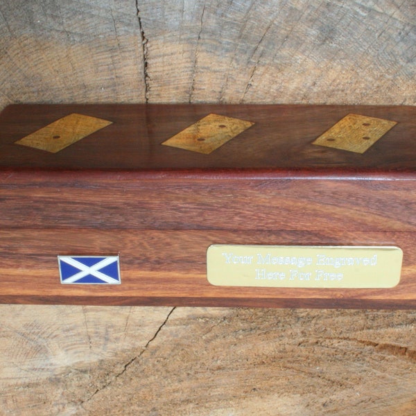 Scottish Icons Dominoes Wood With Brass Inlays In Wooden Presentation Box Free engraving   Burns Thistle Piper Fathers Day Gift dm