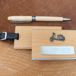 Motorrad Roller Roller Gepäckanhänger Kartenhalter Kugelschreiber Holzset Reiseetikett Gratis Gravur Lambretta Vatertagsgeschenk lu