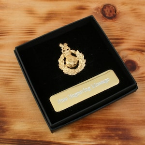 May include: A gold-coloured military badge in a black velvet box with a gold plaque that reads "The Inspiring Journey".