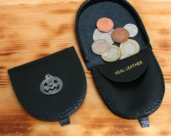 Halloween and Death Coin Purse Black or Brown Leather Change Pouch Wallet Pumpkin Fall Spooky Ghost Gift