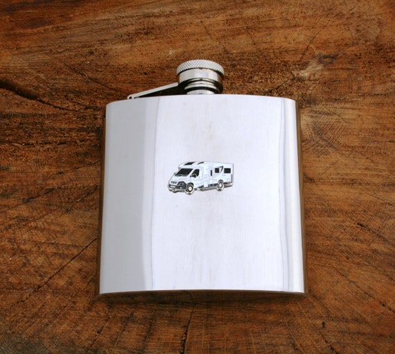 Camper Van 6oZ Hip Flask with 4 cups HF16 can be Personalised Engraved Free in silk lined gift box