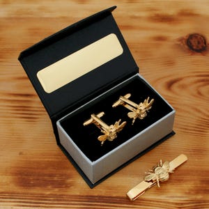 Handmade Gold Plated Bumble Bee Cufflinks & Tie Slide Set - Engraved Gift Box Option