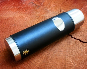 Vacuum Flask Black Leather Bound Hot Or Cold Drinks Flask Personalized