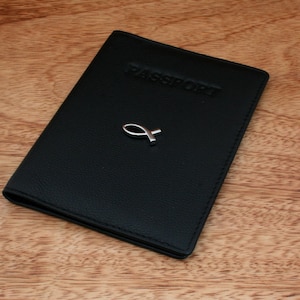 Religious Symbols Real Leather Passport Case Black RFID Travel Case Christian Star Fish Father&#39;s Day Gift pp