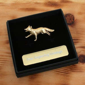 Fox Running Gold Plated Pin Lapel Badge Fox Hunting Father's Day Gift Engraved Box