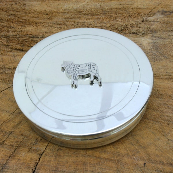 Butchers Animals Pewter Jewellery Trinket Round English Pill Box Cow Pig Sheep Gift ppb