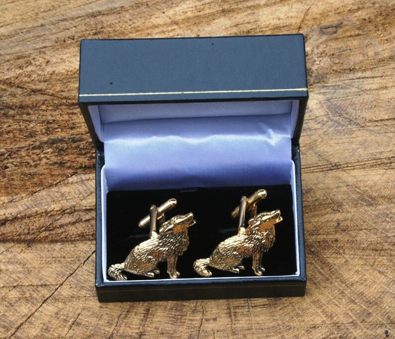 Sitting Wolf Design Gold Plated Cufflinks UK Handmade Gift Boxed 399