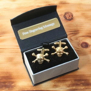 Skull & Cross Bones Gold Plated Cufflinks UK Handmade Halloween Father&#39;s Day Gift Engraved Box