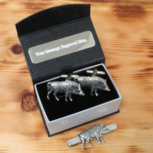 Hog Wild Boar Cufflinks & Tie Tack Slide Clip Mens Hunting Father&#39;s Day Gift Set 035 tbc