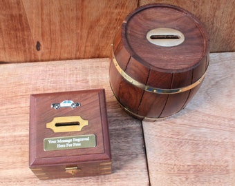 Law & Justice Wooden Money Box Chest Or Money Barrel With Free Engraving Scales Gavel Policeman Gift mb