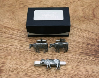 Dairy or Beef Cow Cufflinks & Tie Clip Set Pewter UK Handmade In Gift Box Free Engraving Message Fathers Day pc