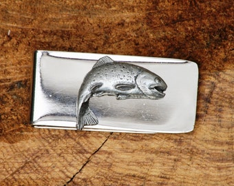 Trout Fish Pewter Money Clip Metal Mens Free Engraved Trout Fishing Birthday Gift 378