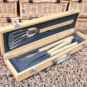 Personalised BBQ Tool Set with Bamboo Case, 3-Piece Grilling Utensils Set With Free Engraving
