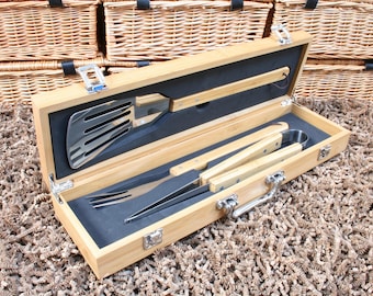 Personalised BBQ Tool Set with Bamboo Case, 3-Piece Grilling Utensils Set With Free Engraving