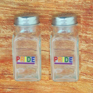 May include: Two clear glass salt and pepper shakers with silver lids. The shakers have a rainbow coloured "PRIDE" sticker on the front.