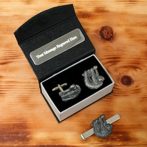 Sloth Cufflinks & Tie Slide Clip Mens Father&#39;s Day Gift Set UK Pewter 435 tbc