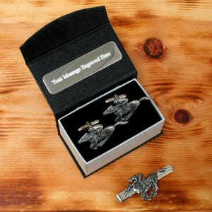 Horse Racing Cufflinks & Tie Slide Clip Mens Father&#39;s Day Gift Set UK Pewter 187 tbc