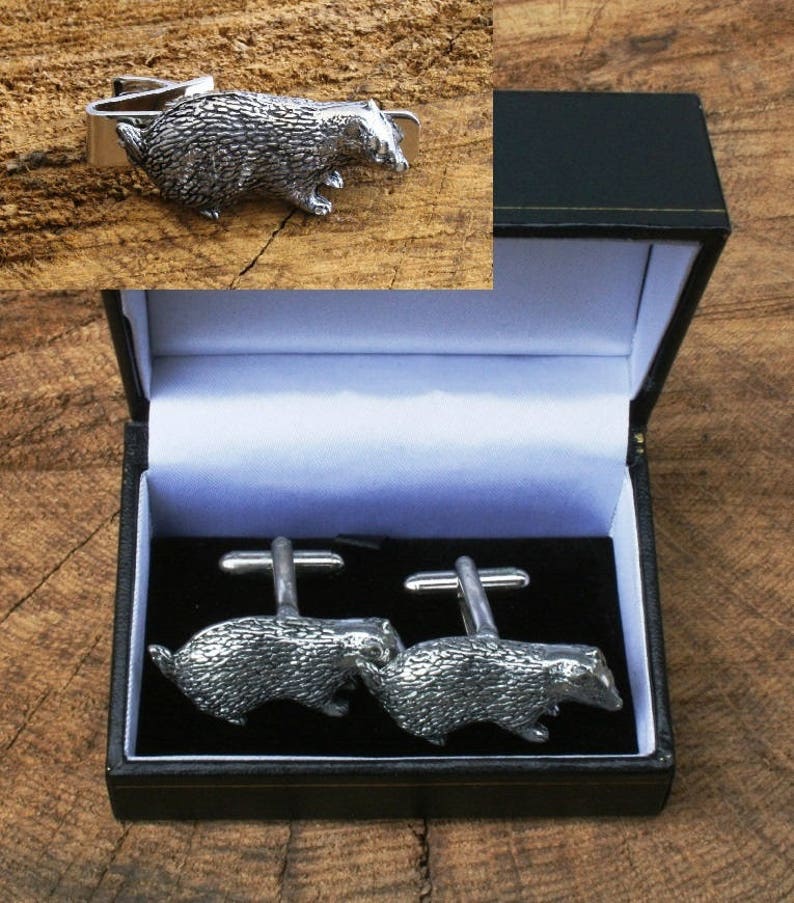 Badger Cufflinks /& Tie Slide Clip Mens Wildlife Gift Set UK Pewter 016