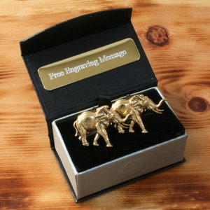 Elephant Gold Plated Cufflinks UK Handmade Safari Africa Father&#39;s Day Gift Engraved Box Option