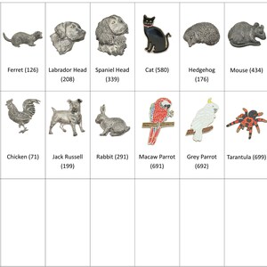 May include: A collection of pewter animal figurines, including a guinea pig, ferret, labrador head, spaniel head, cat, hedgehog, mouse, staffy, budgerigar, chicken, jack russell, rabbit, macaw parrot, grey parrot, tarantula, alpaca, and a pet duck.