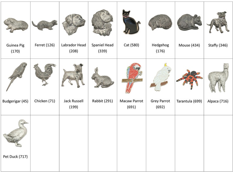 May include: A collection of pewter animal figurines, including a guinea pig, ferret, labrador head, spaniel head, cat, hedgehog, mouse, staffy, budgerigar, chicken, jack russell, rabbit, macaw parrot, grey parrot, tarantula, alpaca, and a pet duck.