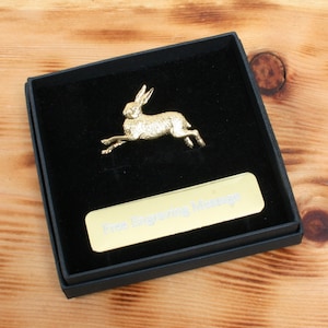 Hare Gold Plated Pin Lapel Badge Shooting Country Father&#39;s Day Gift Engraved Box