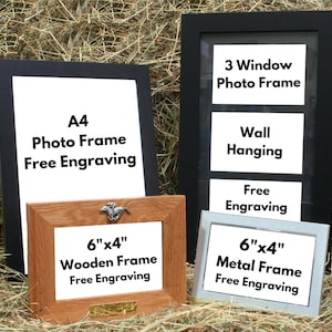May include: Three different photo frames with free engraving options. A black A4 photo frame, a 6x4 inch wooden frame with a horse figurine, and a 6x4 inch metal frame. The frames are displayed on a bed of hay.
