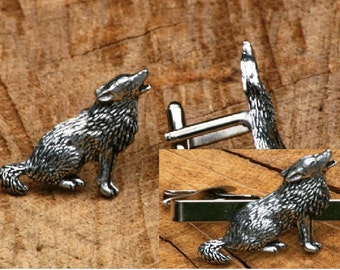 Coyote Dog Howling Cufflinks & Tie Slide Clip Mens Hunting Fathers Day Gift Set UK Pewter 399 cu