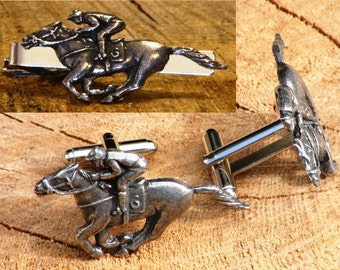 Horse Racing Cufflinks & Tie Slide Clip Mens Fathers Day Gift Set UK Pewter 187 cu
