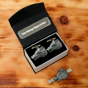 Wild Boar Cufflinks & Tie Clip Pewter UK Handmade In Father&#39;s Day Gift Box Personalised Free Engraving Message 34 tbc