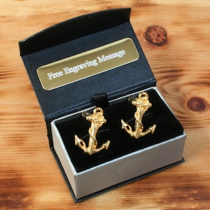 Ships Anchor Gold Plated Cufflinks Handmade Sailing Boat Father&#39;s Day Gift Engraved Box Option