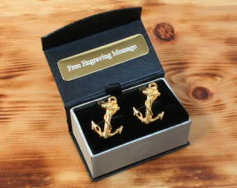 Gemelos chapados en oro con ancla de barco, hechos a mano, regalo de cumpleaños de velero, opción de caja grabada