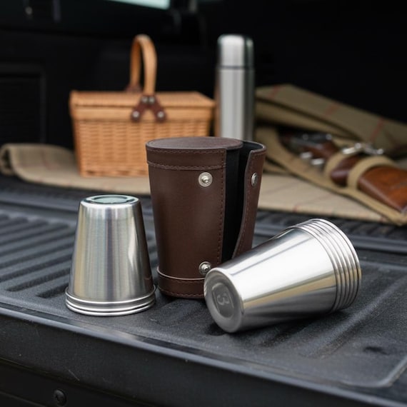 Cartridge Head Numbered 2oz Stirrup Cups Set 1–10 in Brown Leather