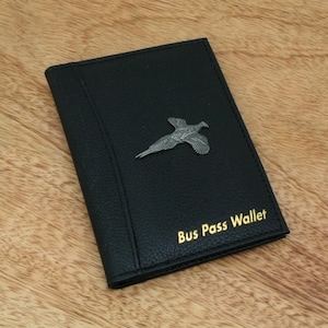 Game Birds Bus & Train Pass Wallet ID Holder In Black Leather Gift Pheasant Partridge Gift tw