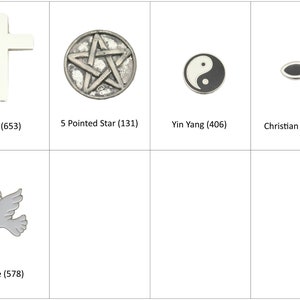 May include: A set of six silver-toned metal religious and spiritual symbols, including a cross, a five-pointed star, a yin yang symbol, a Christian fish, a dove with an olive branch, and a dove with an olive branch.