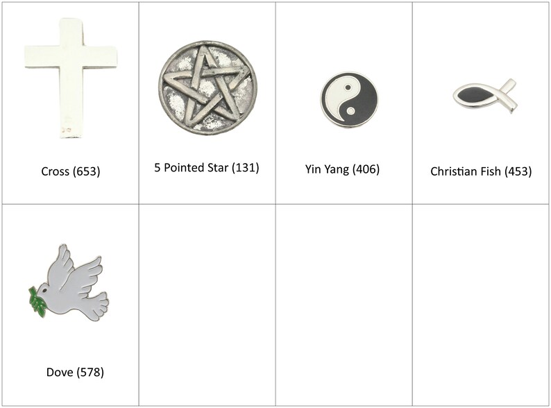 May include: A set of six silver-toned metal religious and spiritual symbols, including a cross, a five-pointed star, a yin yang symbol, a Christian fish, a dove with an olive branch, and a dove with an olive branch.