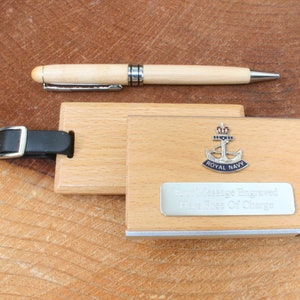Royal Navy Regiments Bagagelabel Kaarthouder Balpen Houten set Reisetiket Gepersonaliseerde gratis gravure Militair Vaderdagcadeau lu
