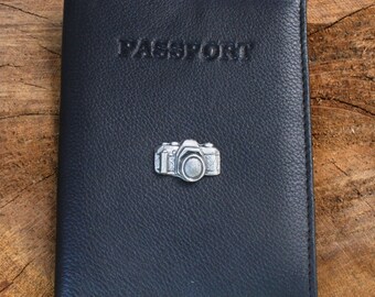 Camera Passport Holder RFID Black Or Burgundy Leather Photographer Gift 055