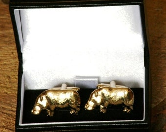 Hippo hippopotamus  Gold Plated Pewter Cufflinks UK Handmade Fathers Day Gift Boxed 180