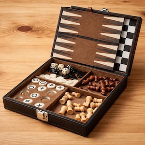 以下が含まれることがあります： 黒い合皮のゲームセットで、開くとバックギャモン盤、サイコロ、チェッカー、チェスの駒が現れます。バックギャモン盤は茶色とベージュです。チェッカーは白と黒です。チェスの駒は薄茶色です。