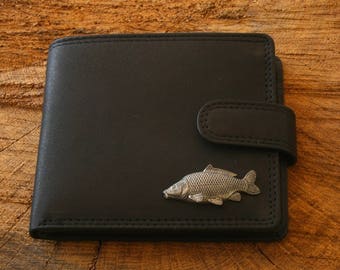 Common Carp Leather Wallet Brown or Black Leather Fishing Secret Santa Gift 80 wch