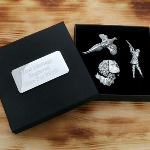 Game Shooting Three Lapel Pin Badges in a Custom Box Pheasant Shooter & Spaniel