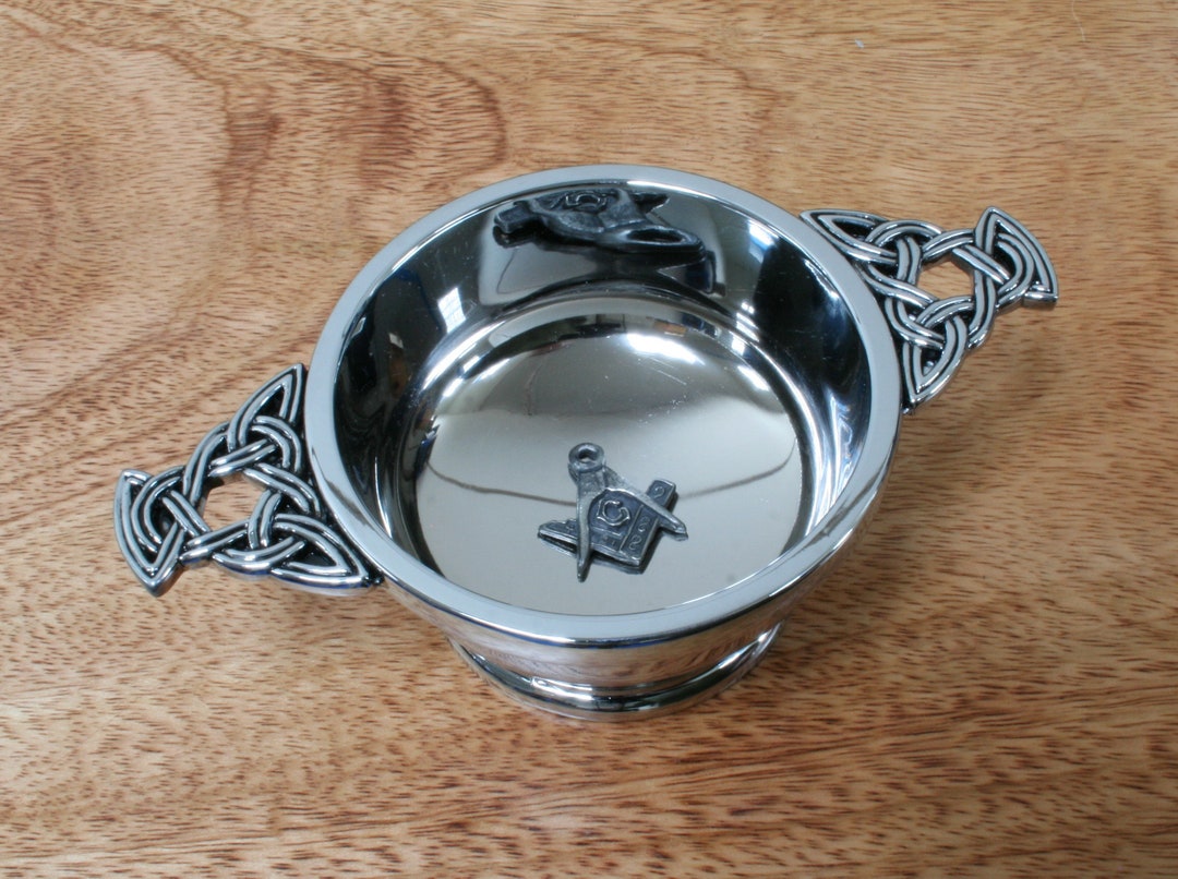 Masonic and Templar Quaich Pewter Cup Drinking Bowl Christening Wedding Present Masonry Compass