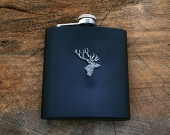 Stag Head Matte Black 6oz Hip Flask FREE engraving   Mens Fathers Day Gift 347 hf