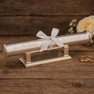 Personligt vigselbevishållare med rullrör och stativ – Elegant minnespresent med gratis gravyr