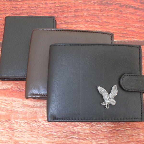 British Birds Leather Wallet Black and Brown Or Card Holder Mens Robin Swallow Barn Owl Secret Santa Gift wch
