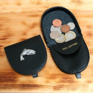 Fishing Theme Coin Purse Black or Brown Leather Change Pouch Wallet Carp Trout Pike Gift