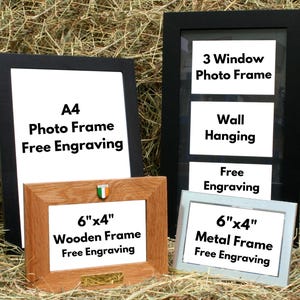 Irish Icons Personalised Wood or Metal Picture Frame - 4&quot;x6&quot; & A4 Certificate Sizes Shamrock Harp Celtic Jockey Father&#39;s Day Gift MF